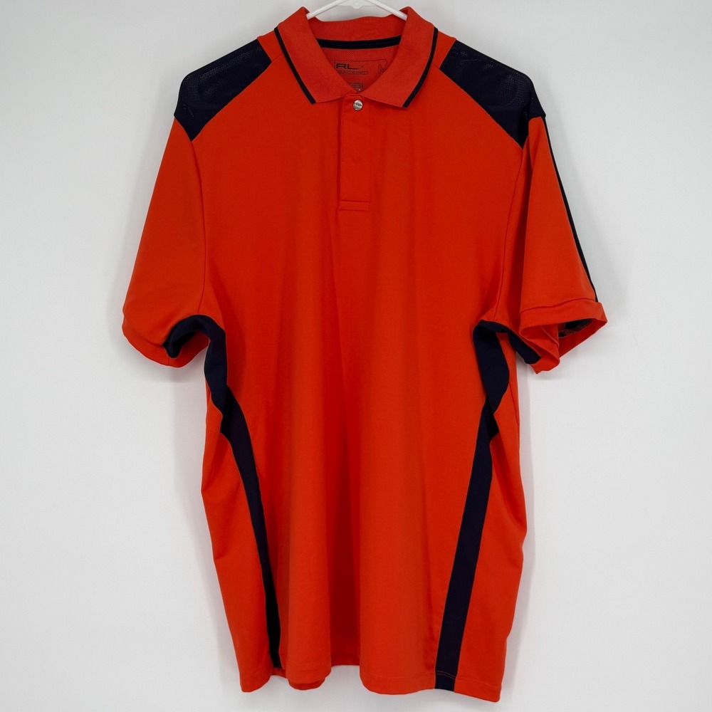 RLX Ralph Lauren Mens Polo Orange Navy Performance Golf Shirt Size M